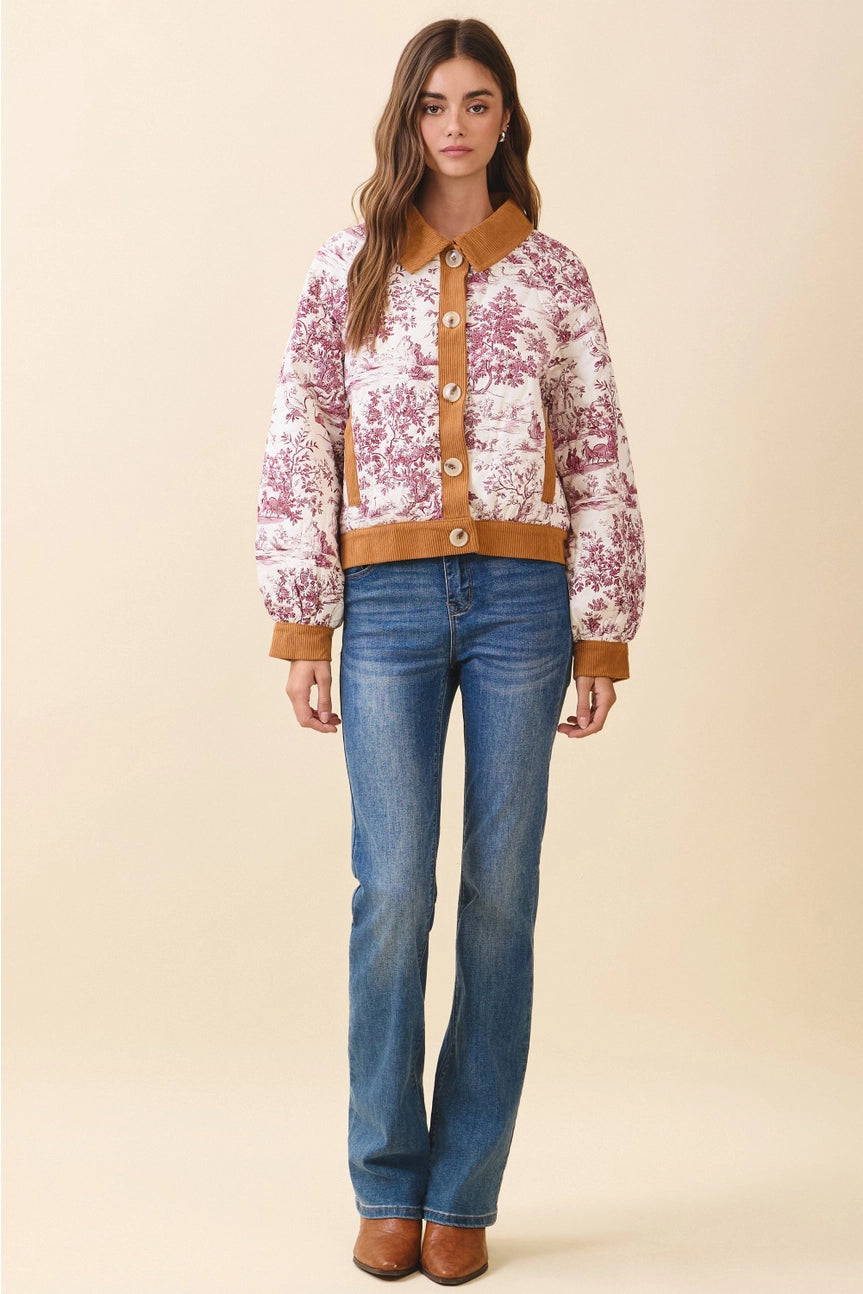 Toile Print Oversized Button Bomber Jacket
