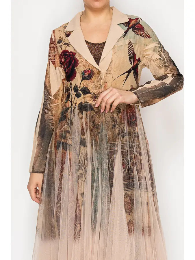 Vintage Bird Longline Blazer Jacket with Mesh Tulle Panel
