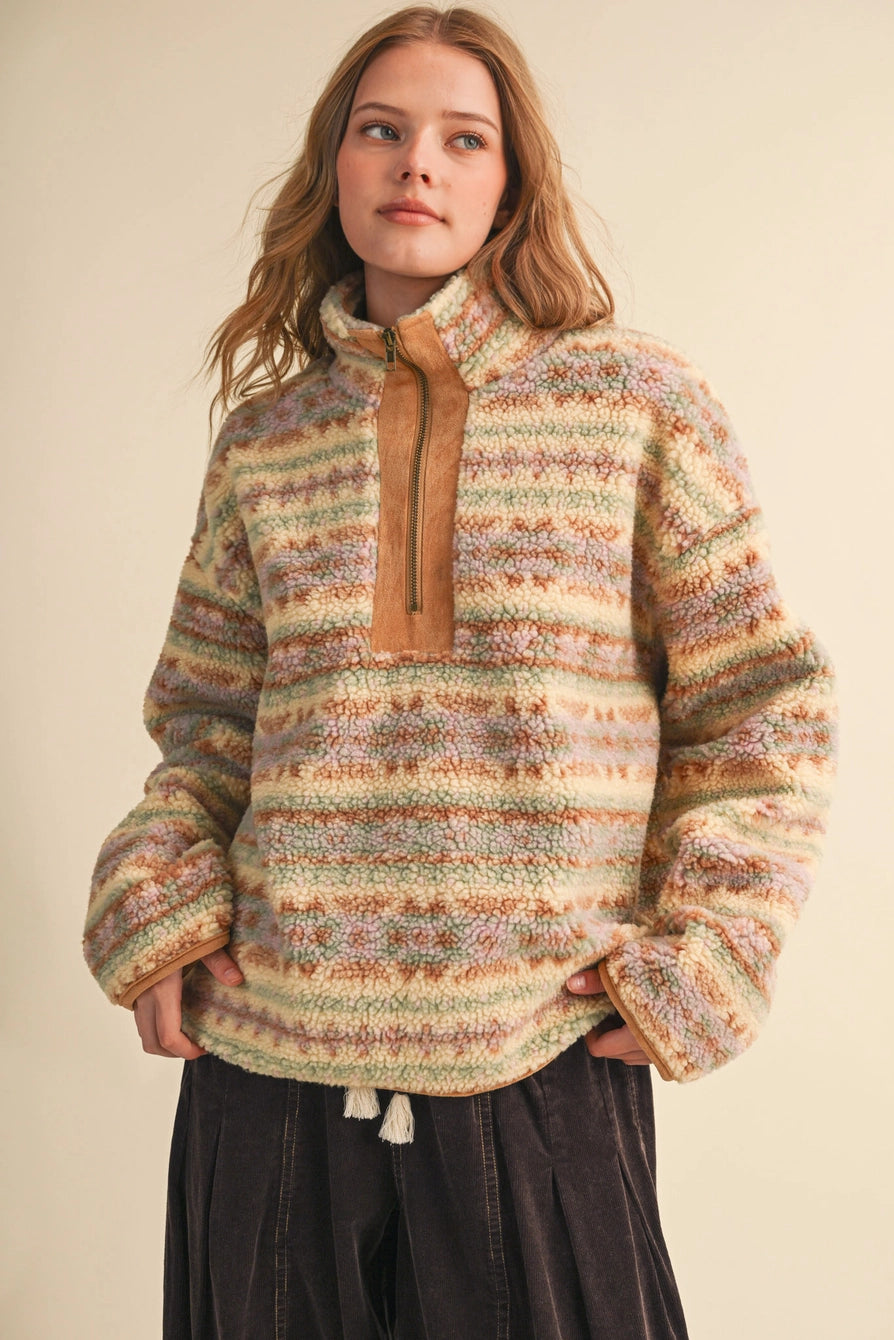 Faux Sherpa Aztec Pattern Half Zip Pullover