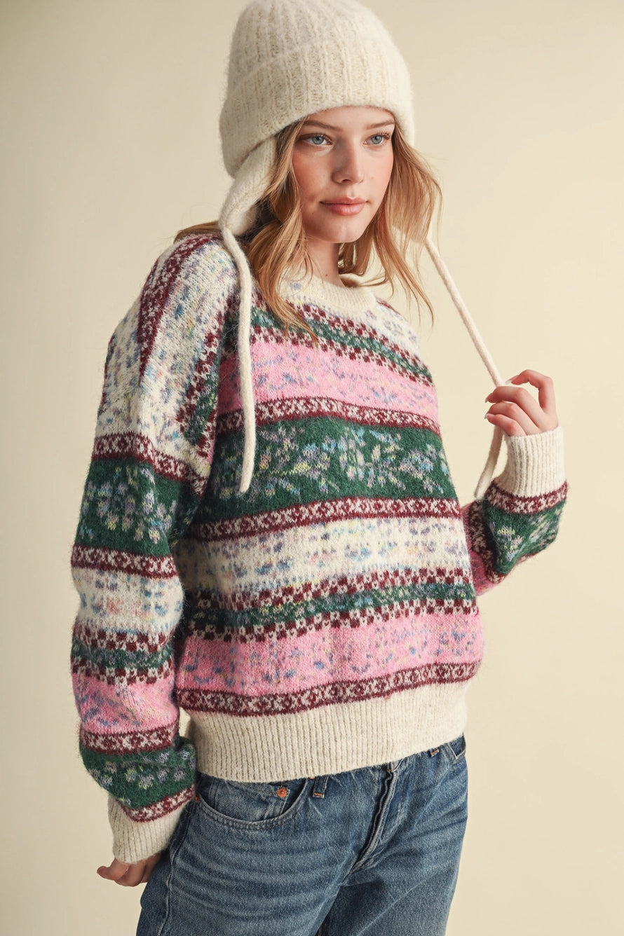 Ivory Pink Floral Fair Isle Sweater