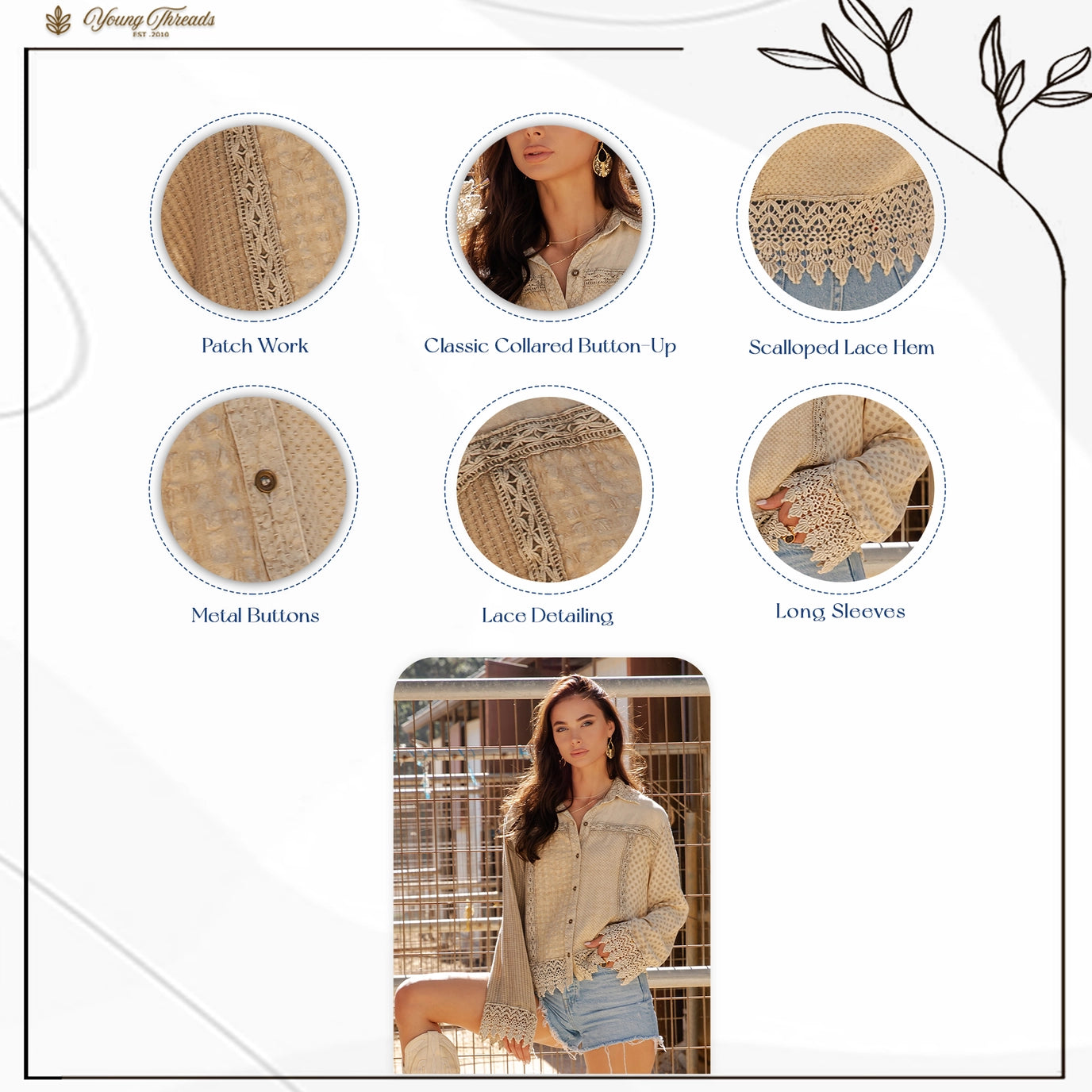 Gravel Artisan Boho Lace Trim Button-Front Blouse Top