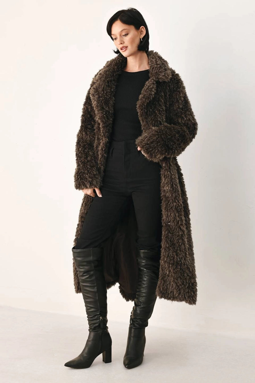 Brown Faux Fur Midi Coat