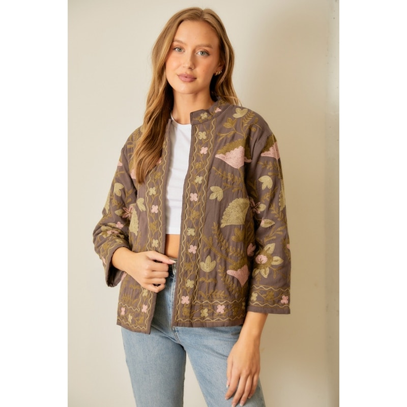 Charcoal Floral Printed Cotton Embroidered Jacket