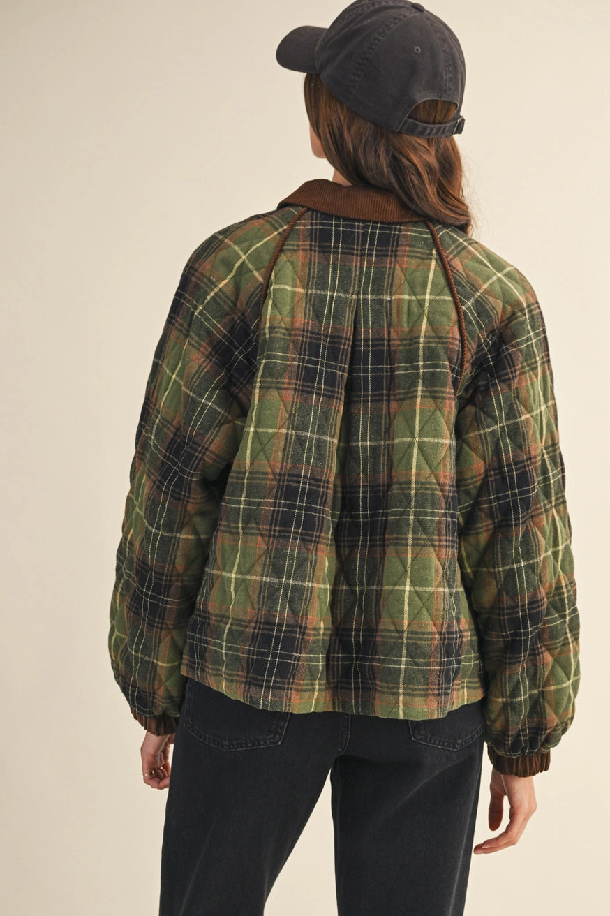 Plaid Quilted Jacket with Corduroy Detail