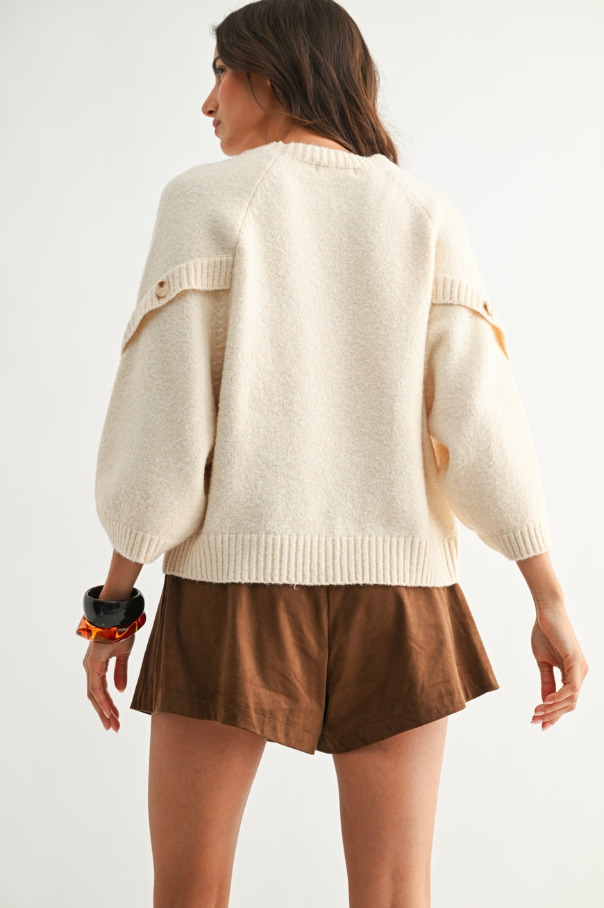 Button Sleeve Cream Knit Pullover