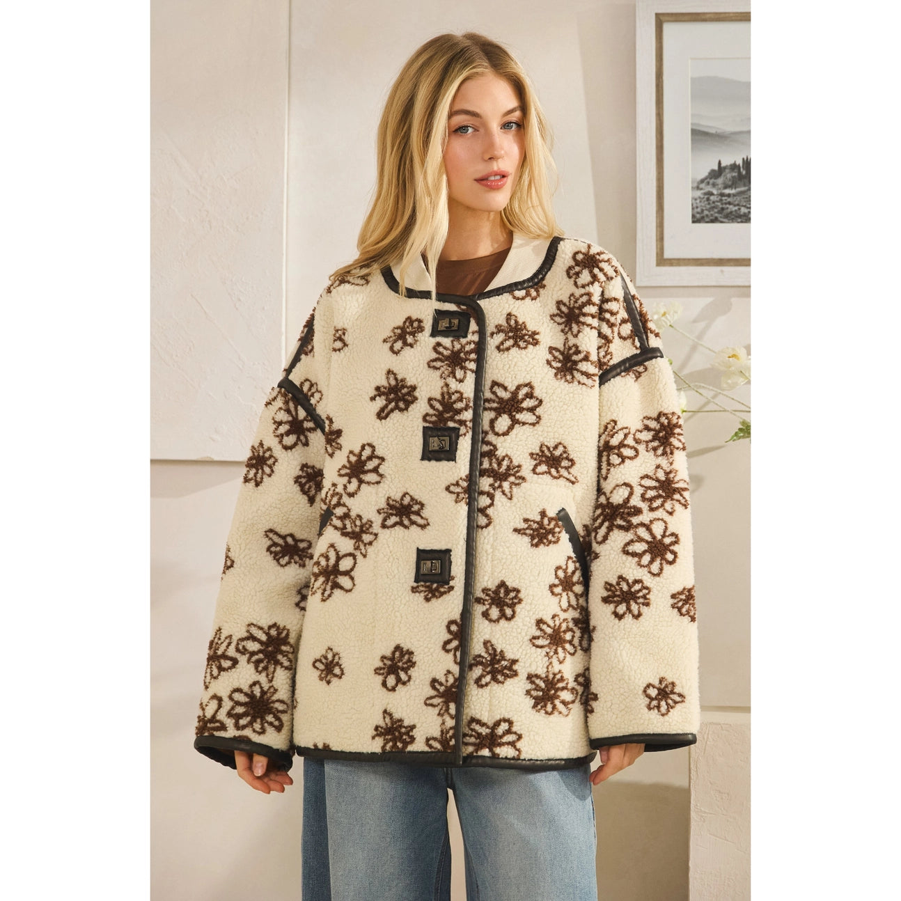 Oversized Floral Front Button Metal Clasp Jacket