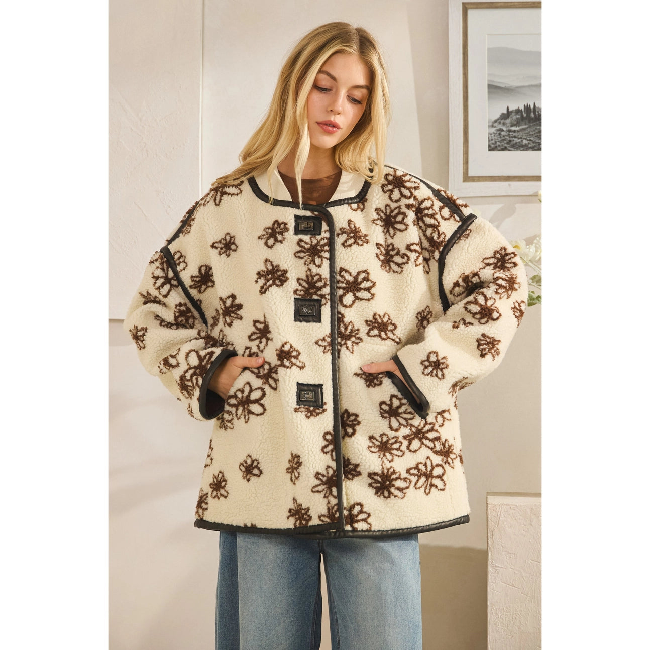 Oversized Floral Front Button Metal Clasp Jacket