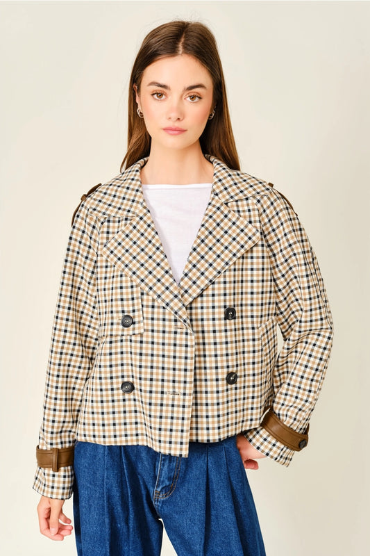 Oxford Plaid Short Trench Jacket