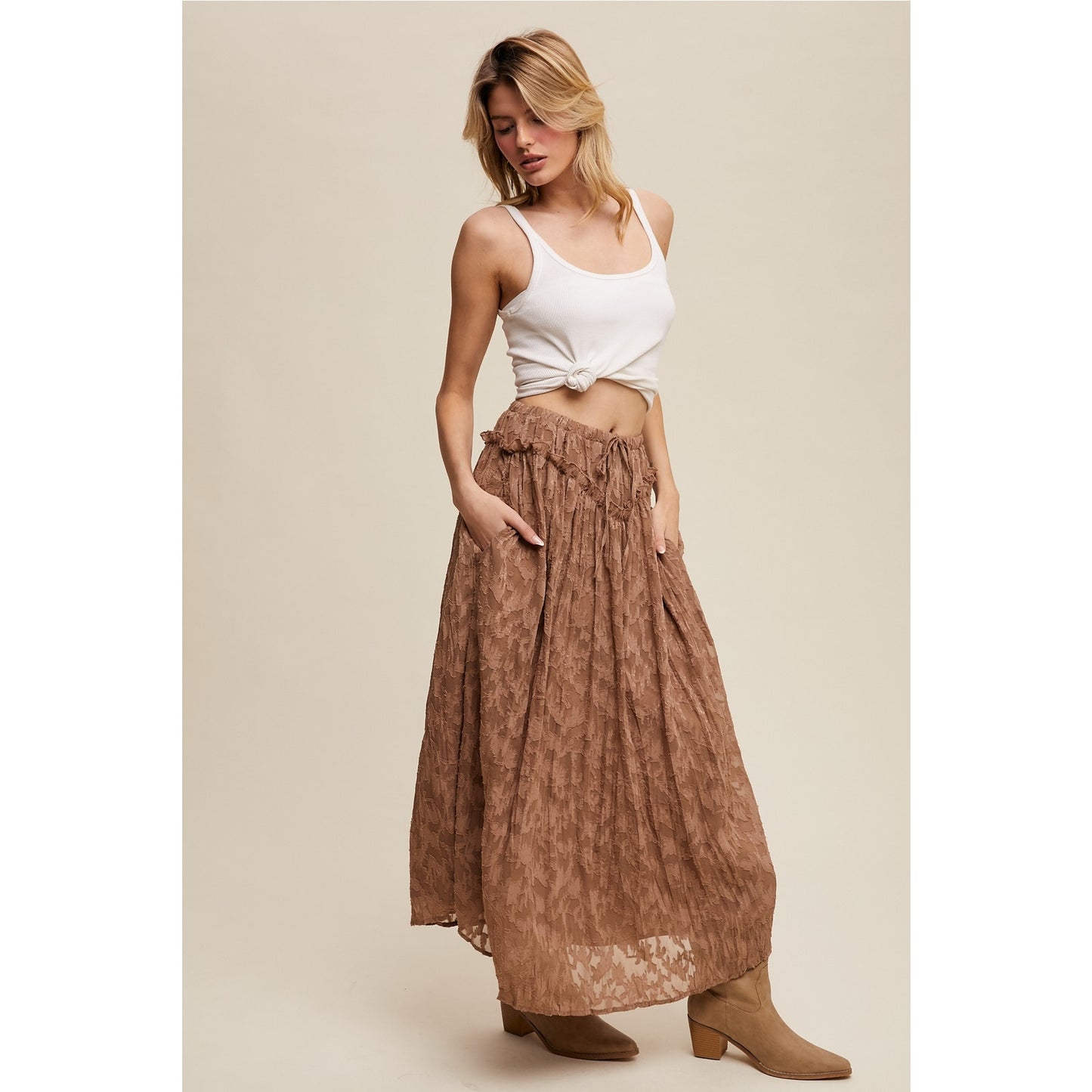Brown Floral Textured Maxi Skirt