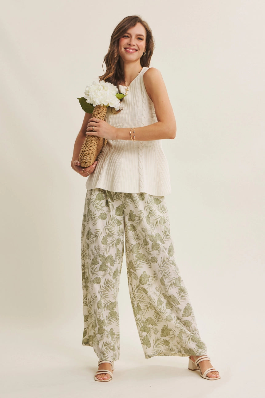 Dusty Sage Summer Days Tropical Palm Leaf Wide-Leg Woven Pants
