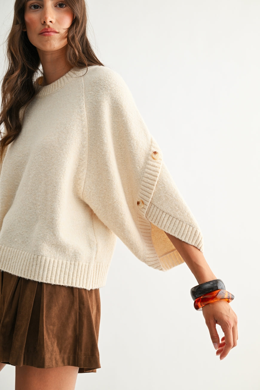 Button Sleeve Cream Knit Pullover