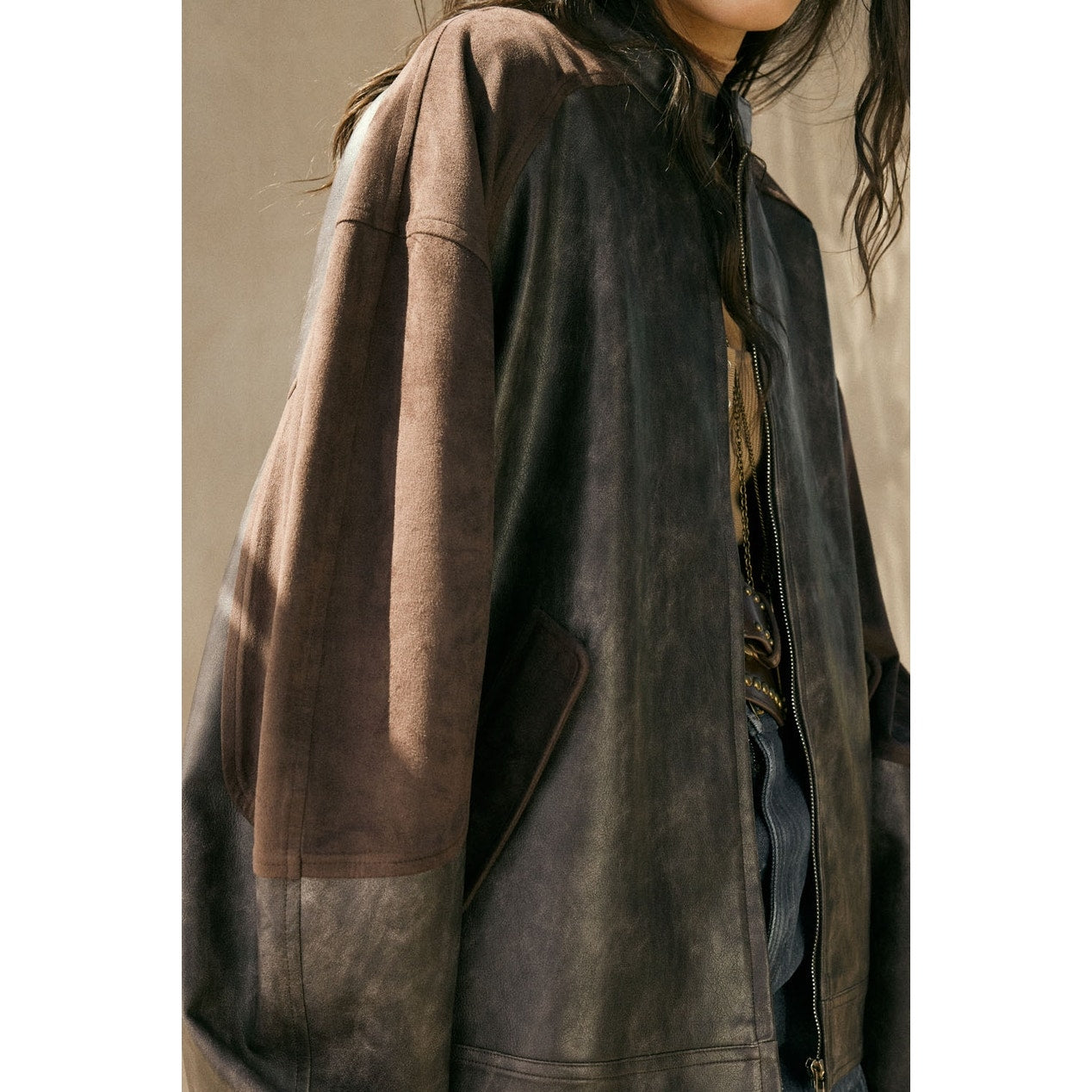 Espresso Faux Leather and Suede Barrel-Sleeve Jacket