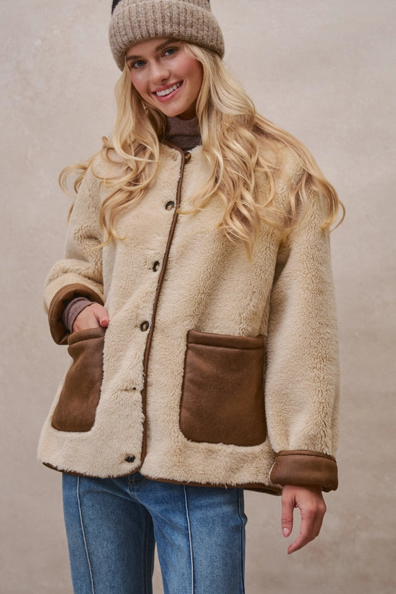 Faux Shearling Jacket with Suede Pockets