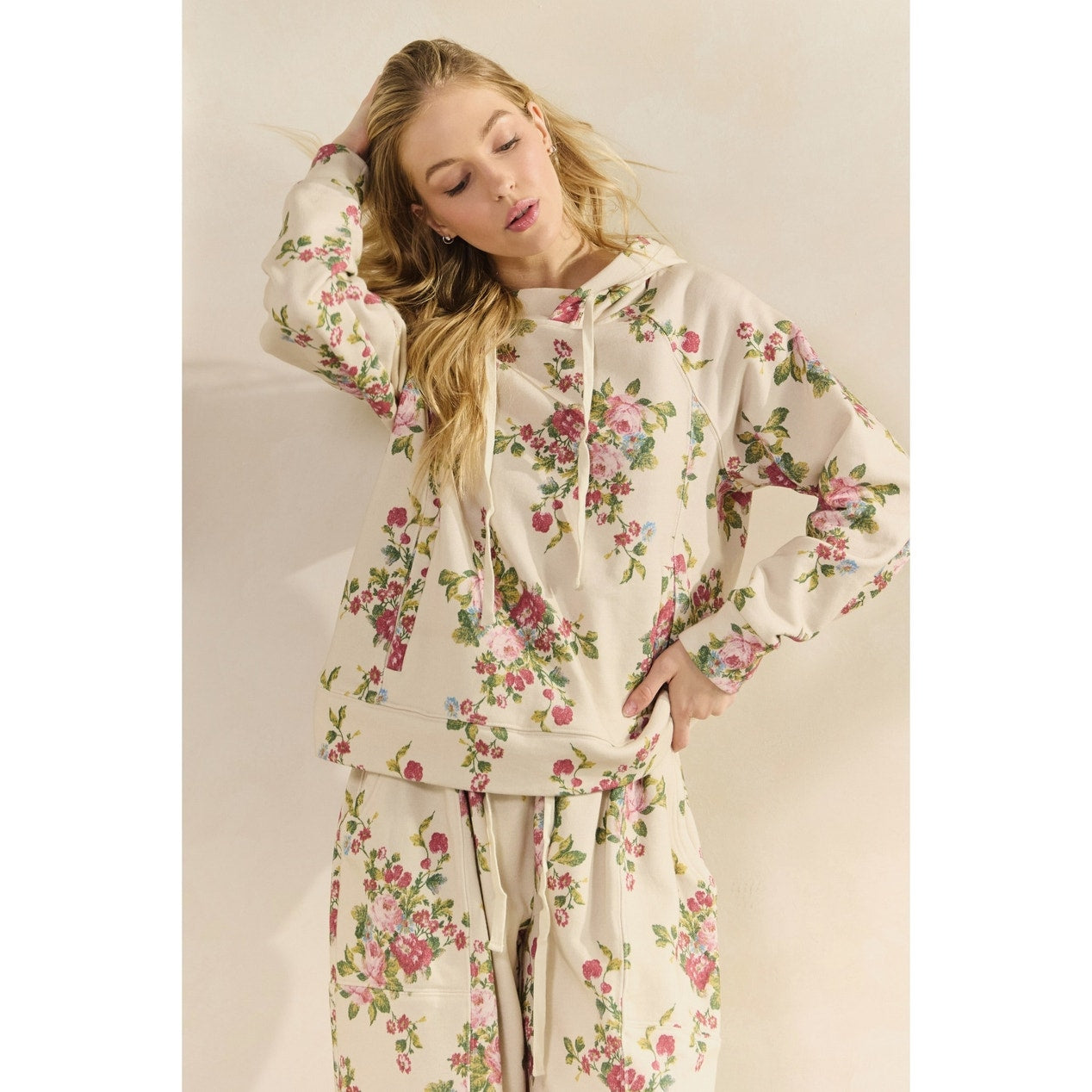 Beige Floral Printed French Terry Hoodie