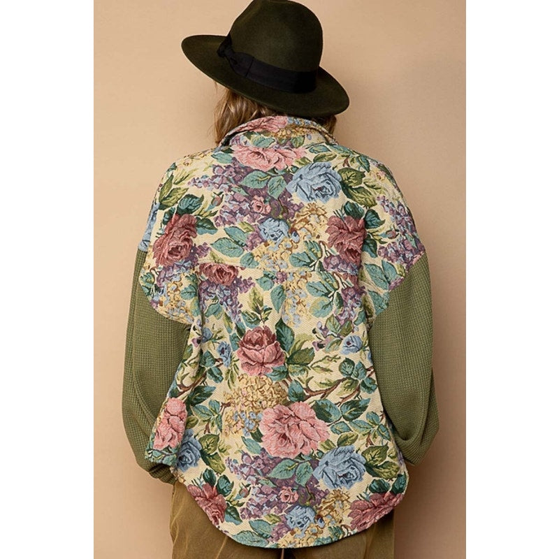 POL Cream & Olive Button Down Floral Jacquard Shirt Jacket