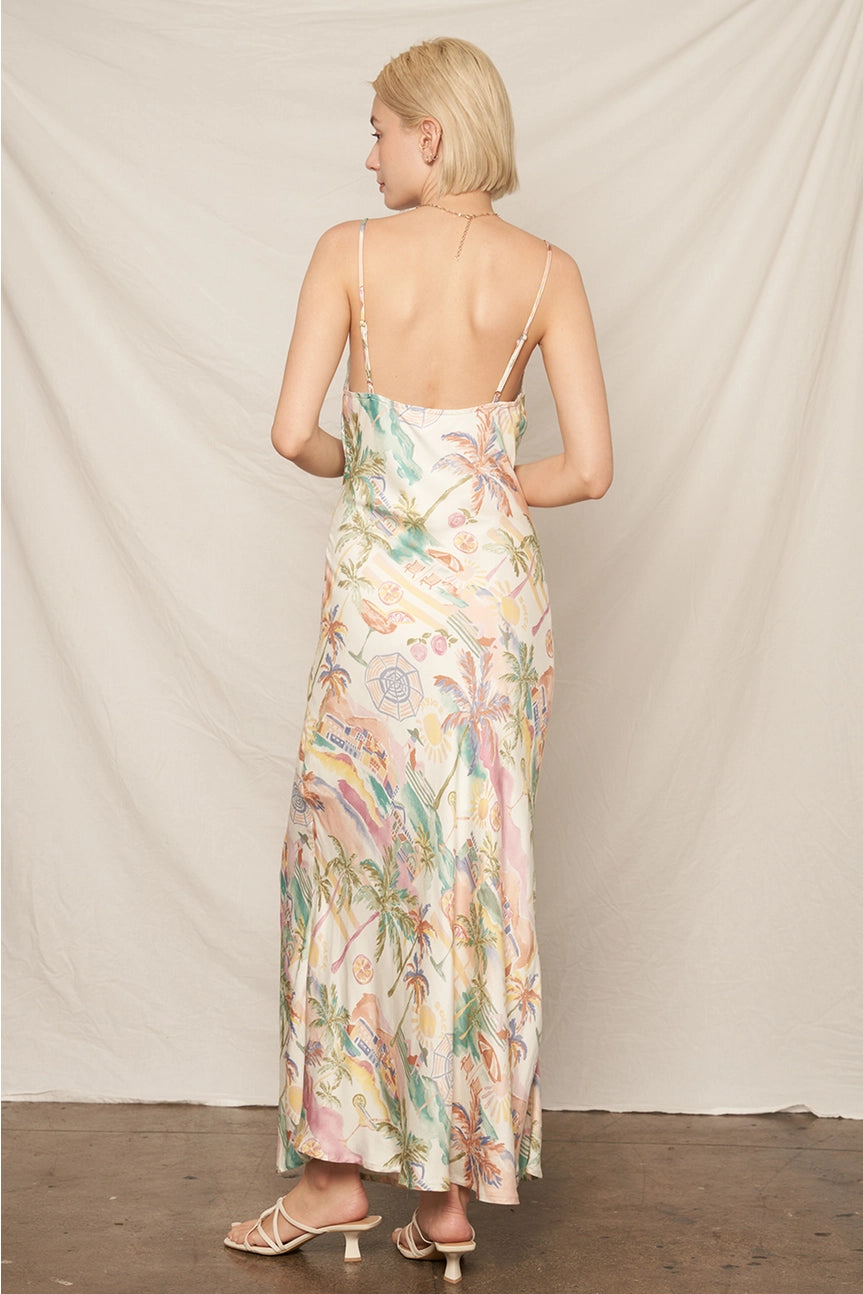 Beachy Print Sleeveless Cowl Neck Maxi Dress