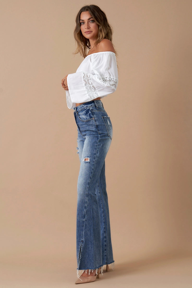 Insane Gene High Rise Front Slit Flare Distressed Denim