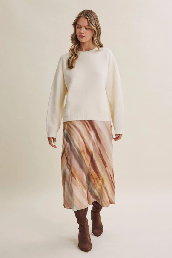 Earthy Watercolor Abstract Silky Satin Bias Maxi Skirt
