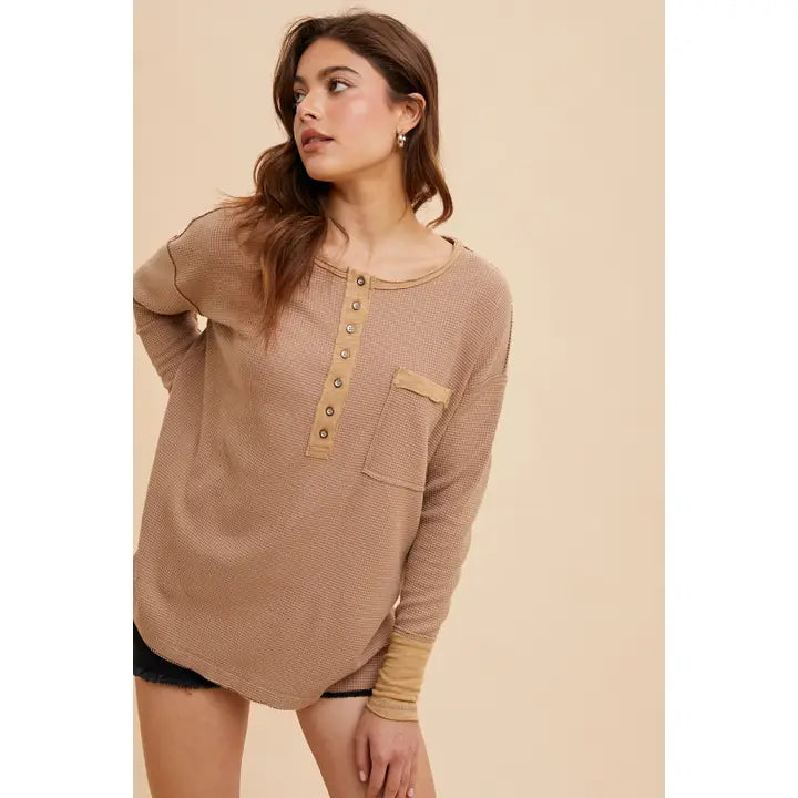 Dusty Camel Garment Washed Thermal Henley