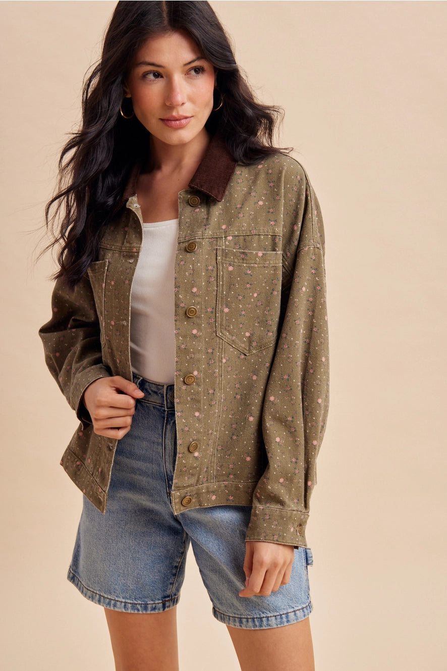 Floral Contrast Collar Shacket