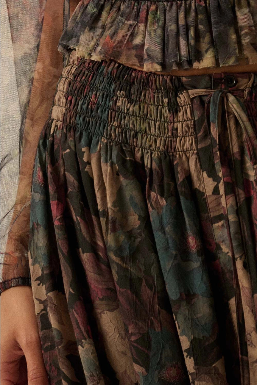 Floral-Print Drawstring Button-Front Maxi Skirt