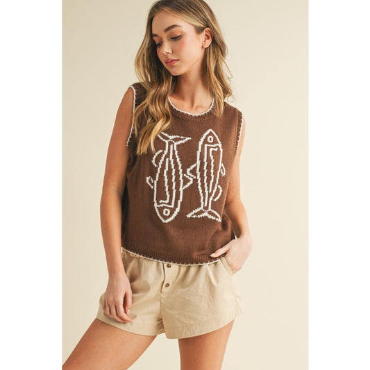 Brown & Cream Fish Printed Sleeveless Sweater Top