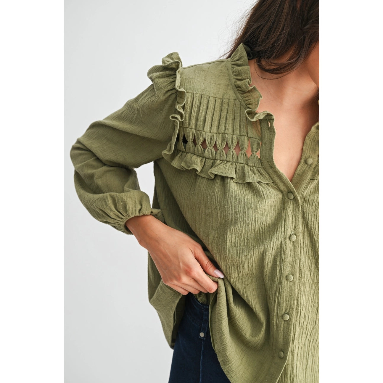 Olive Blouse with Ruffled Detail
