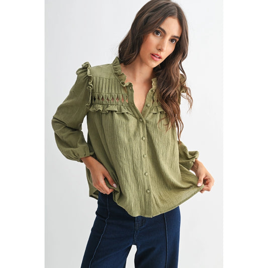 Olive Blouse with Ruffled Detail