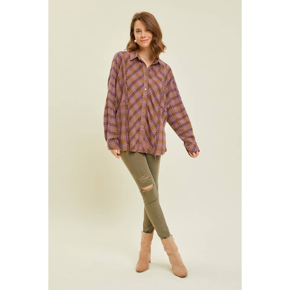 Purple Western Washed Oversized Plaid Shirt