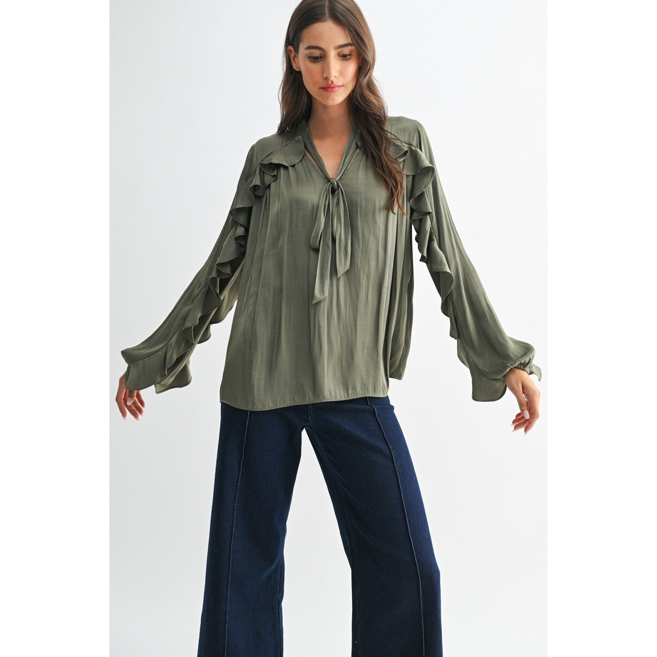 Exquisite Olive Ruffled Detail Blouse