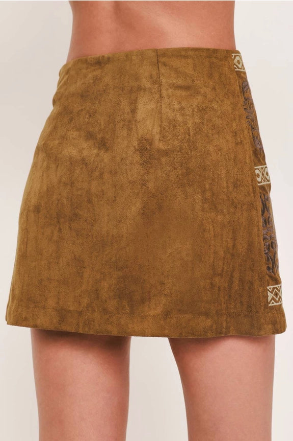 Faux Suede Embroidered Panel Mini Skirt