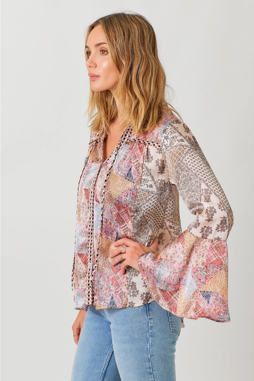 Mixed Print Bell Sleeve Shirt