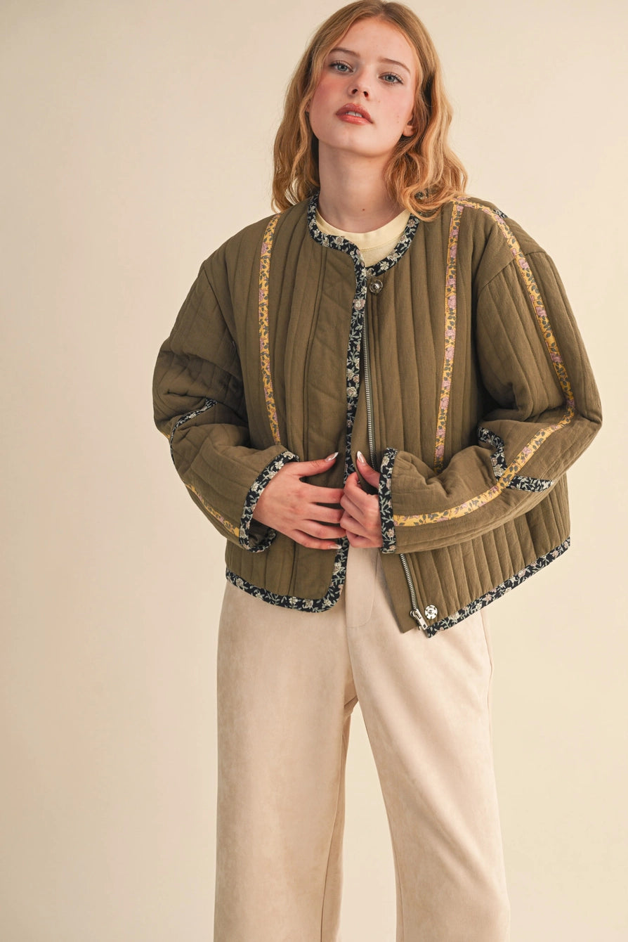 Olive Quilted Jacket with Contrast Binding Detail