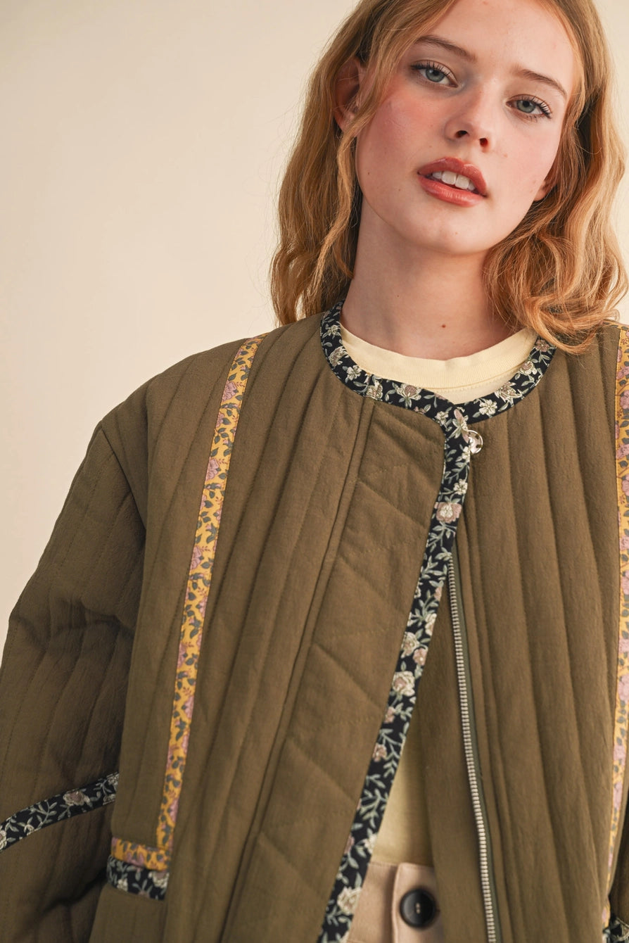 Olive Quilted Jacket with Contrast Binding Detail