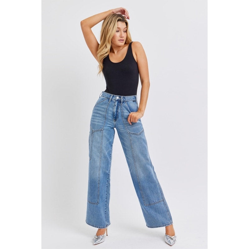 High Rise Wide Leg Jean with Carpenter Details