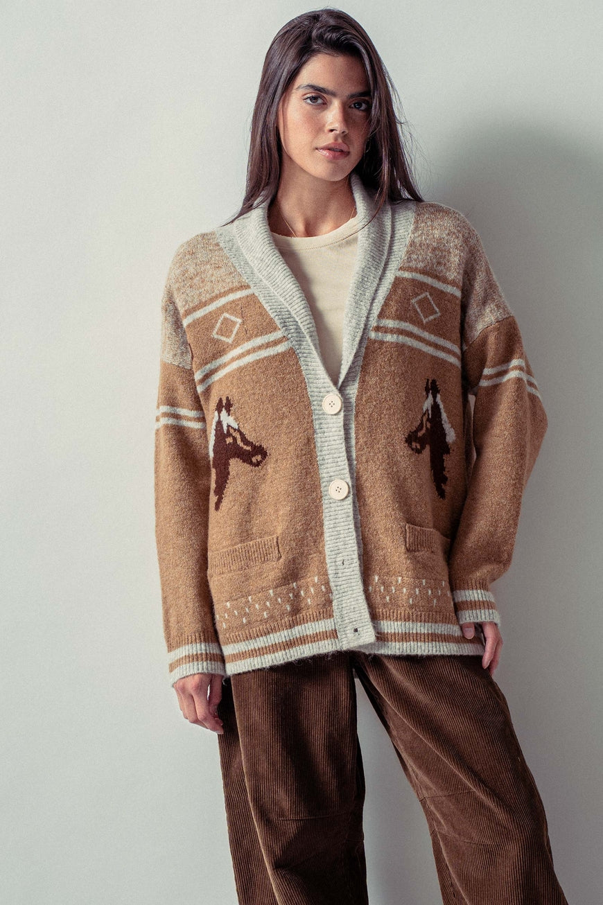 Horse Motif Shawl Collar Cardigan