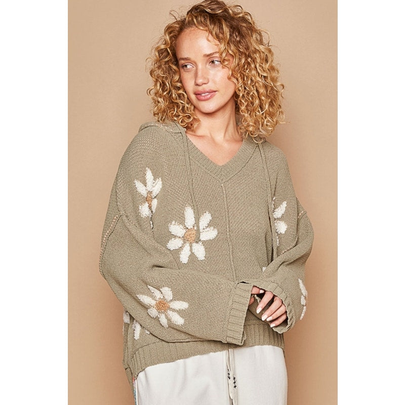 POL Basil Hooded V-Neck Floral Ribbed Sweater