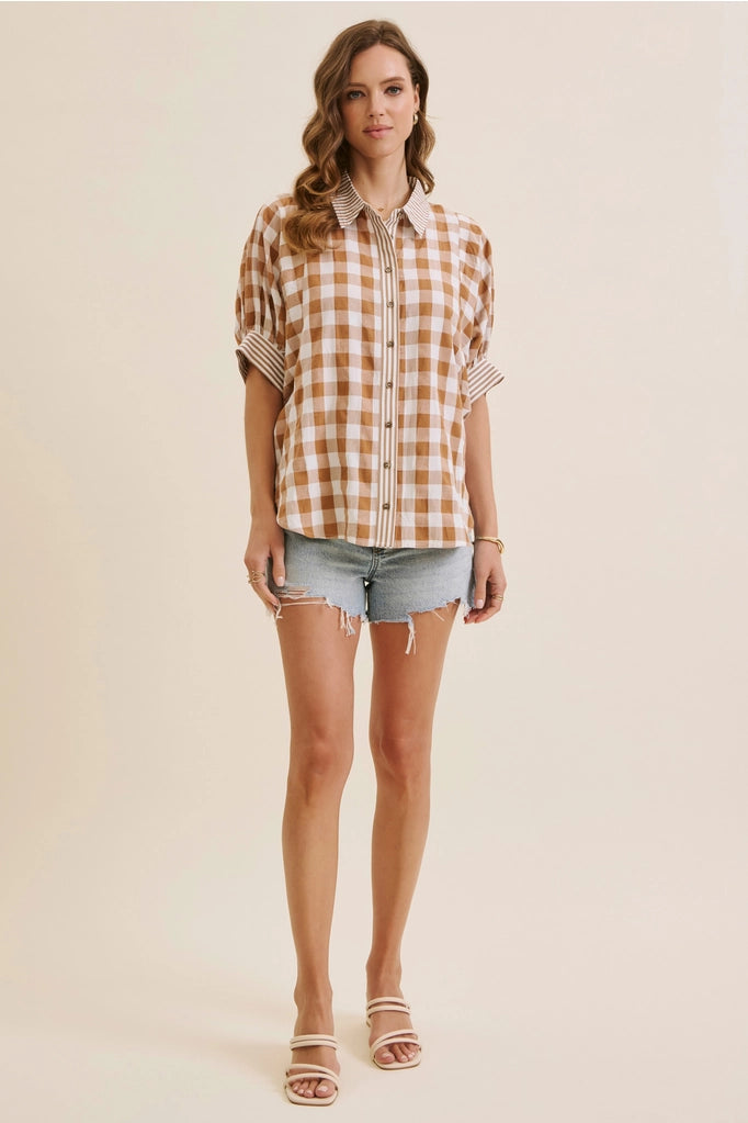 Mocha Gingham Balloon-Sleeves Shirt