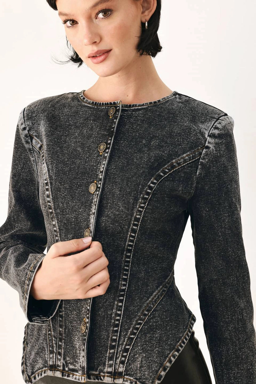 Black Acid Washed Denim Peplum Jacket