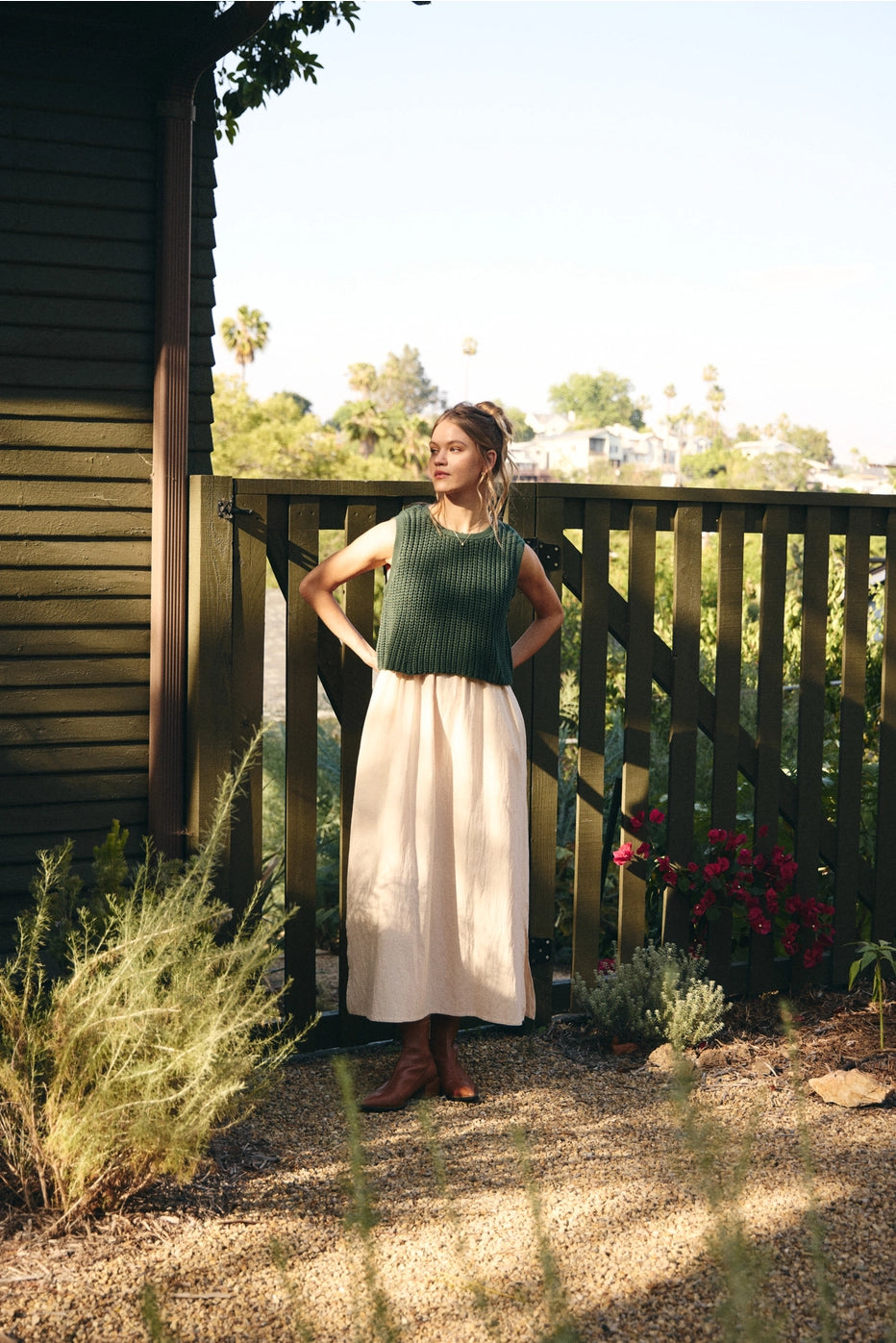 Forest Green Chunky Sweater Mixed Media Midi Dress