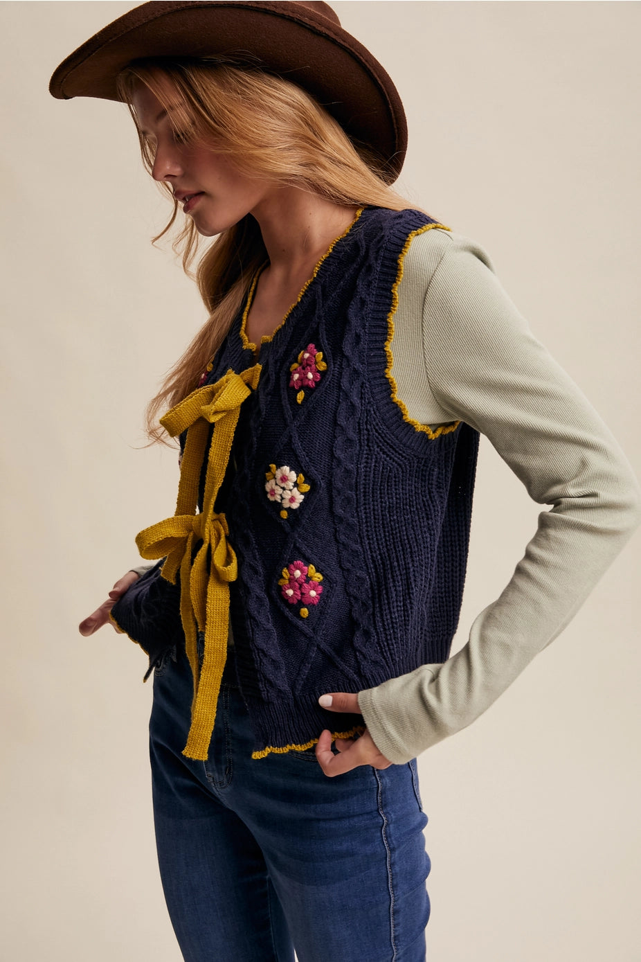 Navy Bow-Tie Floral Knit Vest