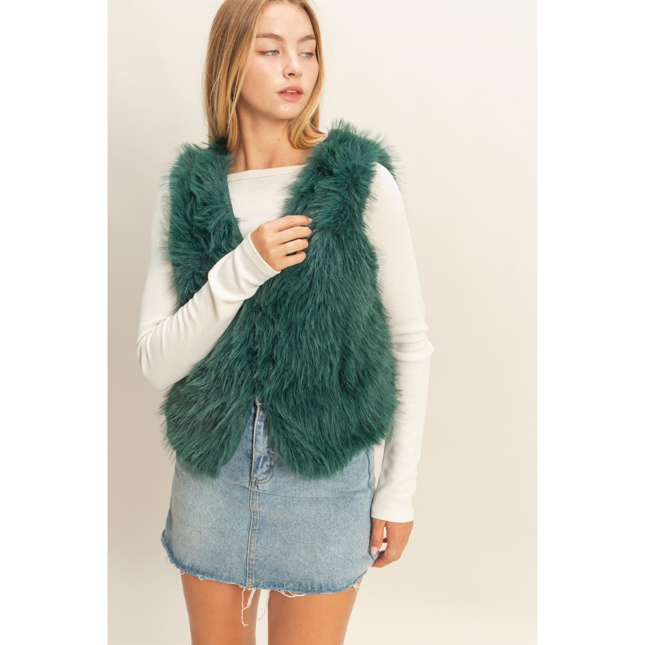 Dark Green Faux Fur Open Vest