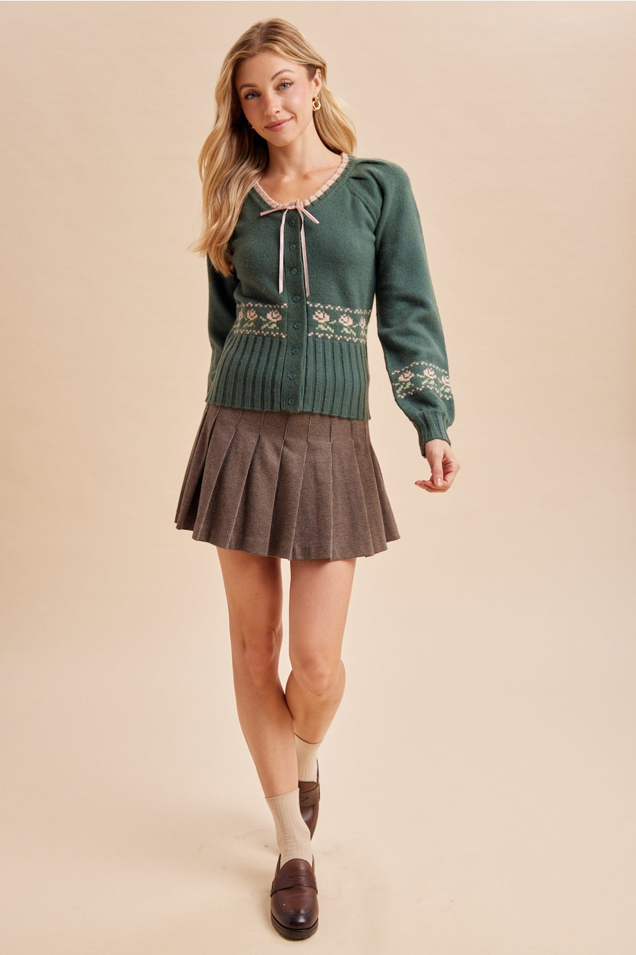 Cottage Green Floral Knitted Sweater Top