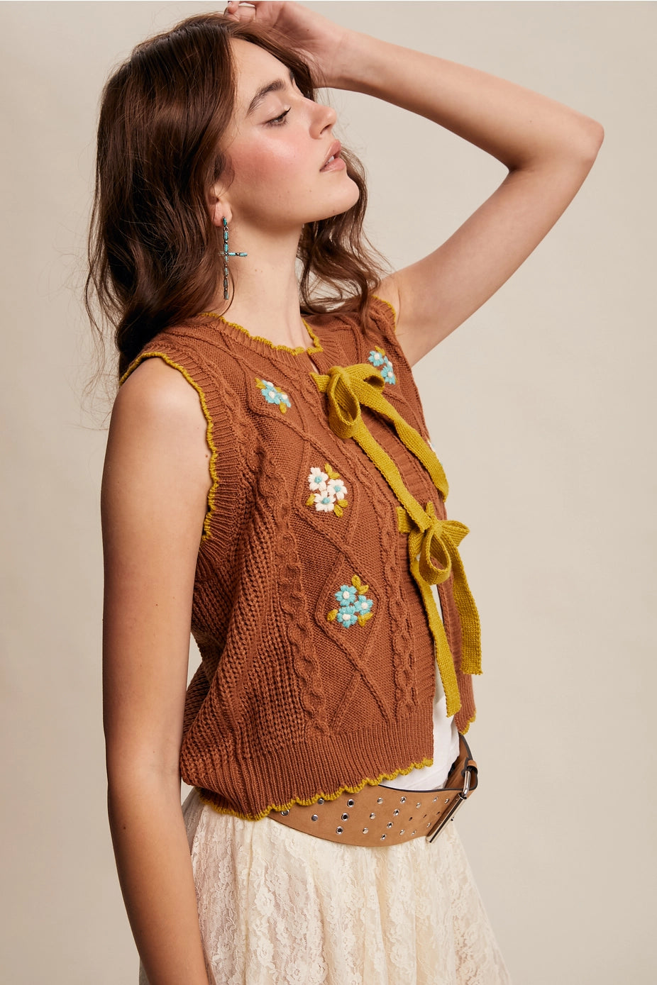 Pecan Bow-Tie Floral Knit Vest
