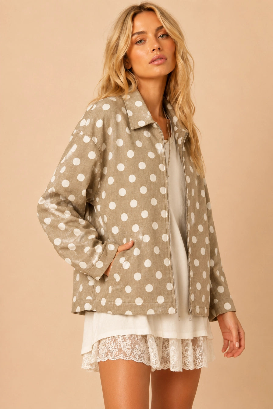Taupe Polka Dot Twill Zip-Up Jacket