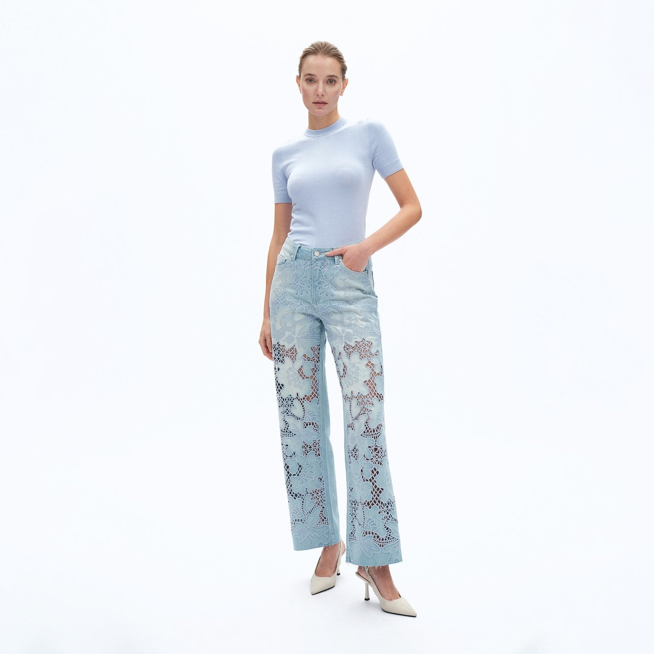 High Rise Straight Leg Cutout Embroidered Jeans with Raw Hem