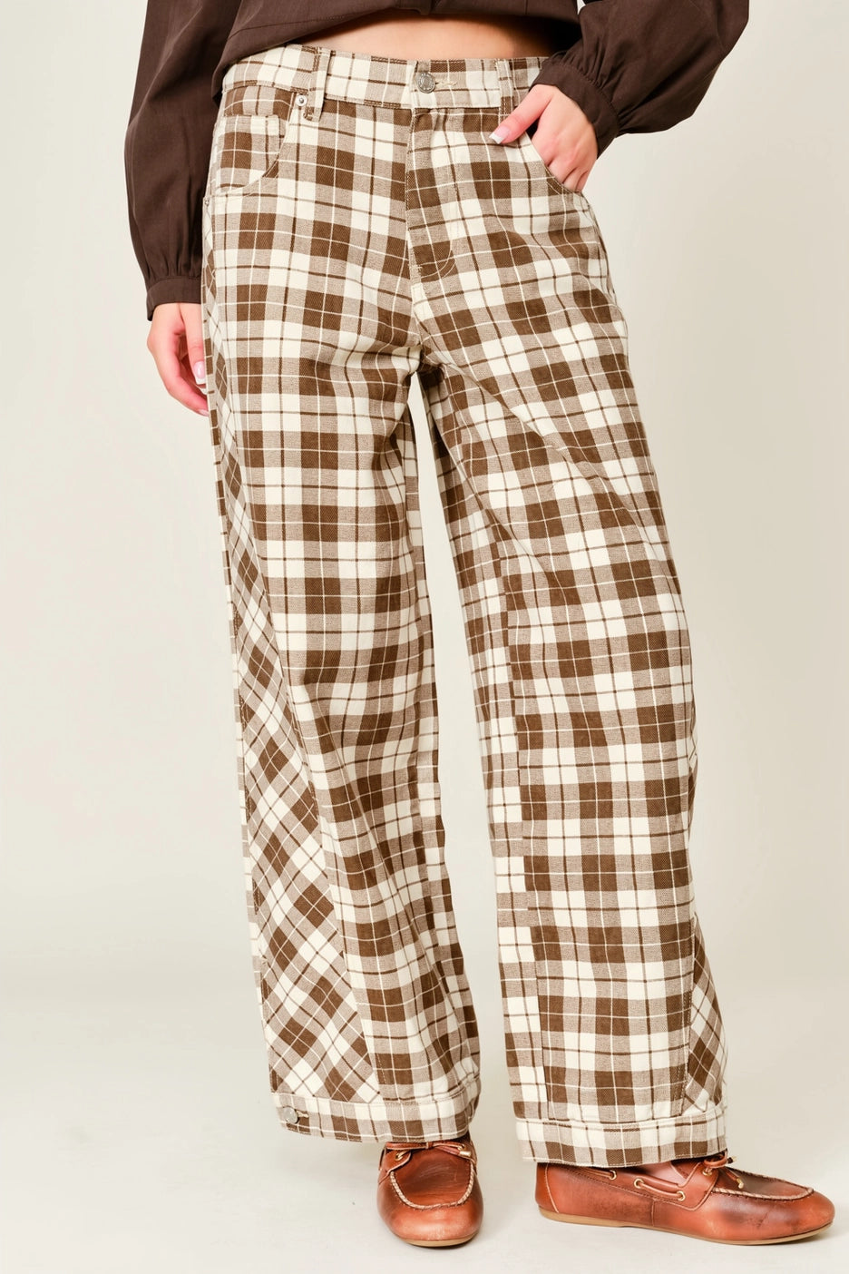 Oxford Plaid Wide Leg Cotton Pants