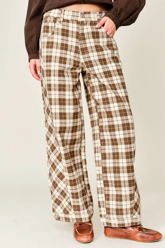 Oxford Plaid Wide Leg Cotton Pants