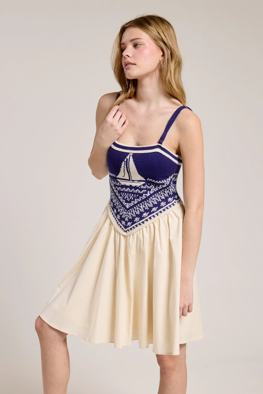 Sailboat Knit Bodice Contrast Midi Dress