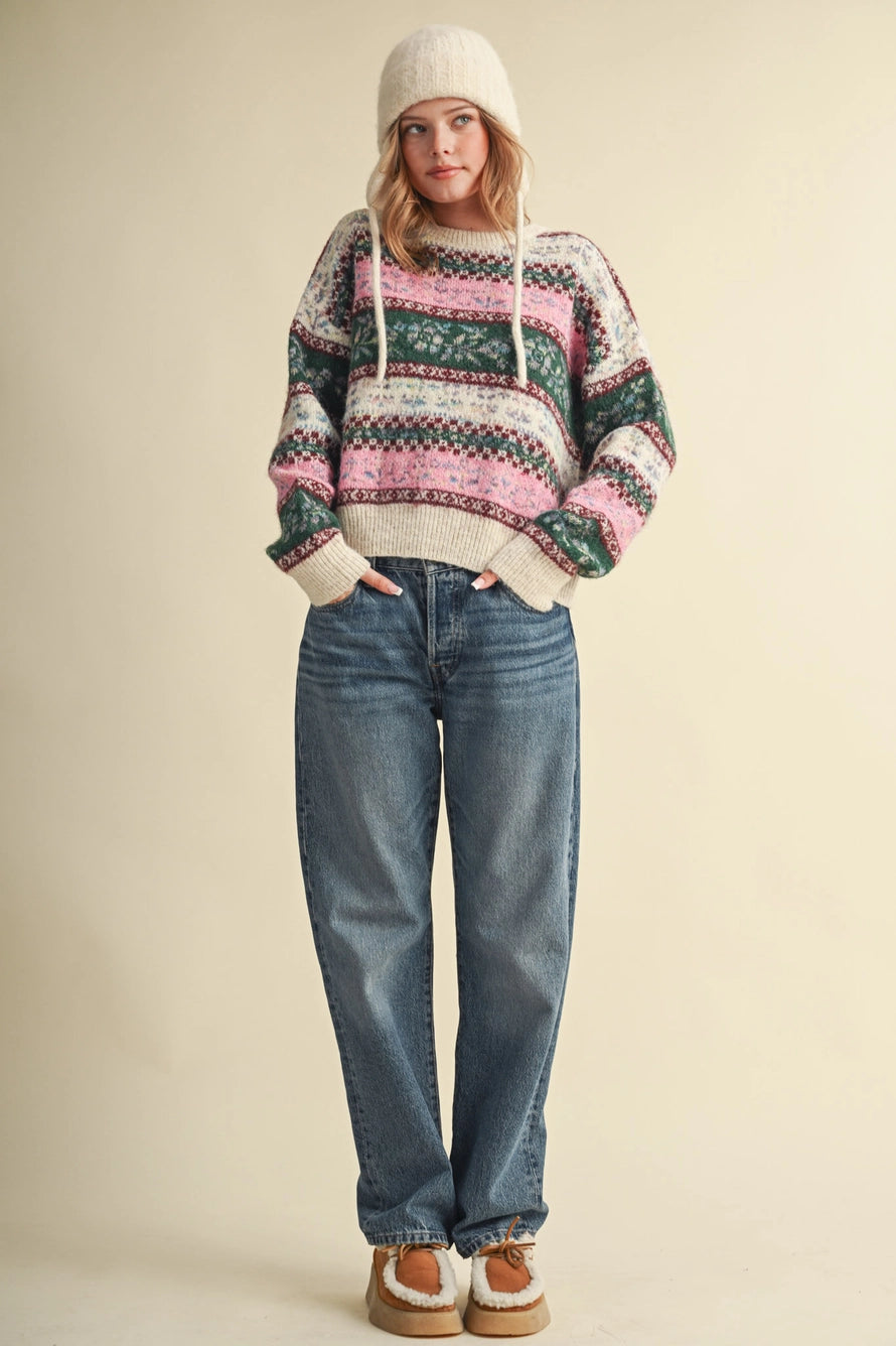 Ivory Pink Floral Fair Isle Sweater